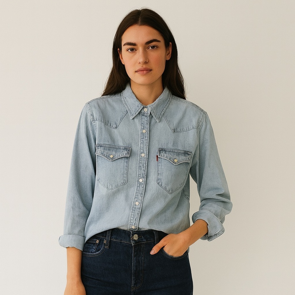 👖 Levi’s Light Wash Western‎ Denim Snap Shirt – Size 1X (USA 14–16)